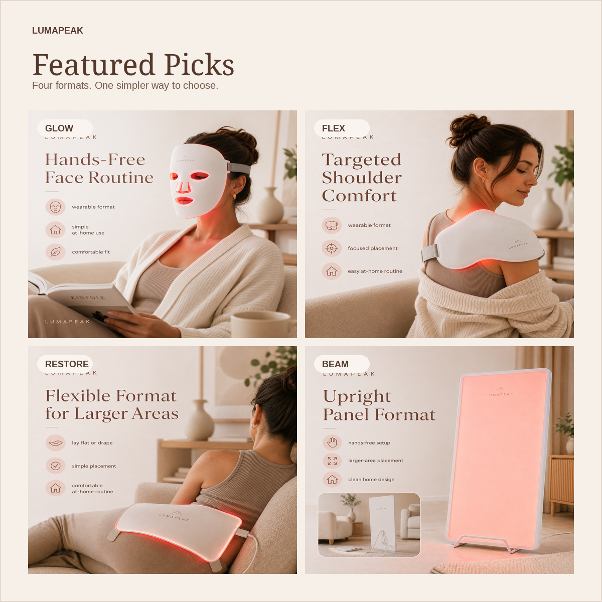 LumaPeak Featured Picks — Glow, Flex, Restore and Beam collection