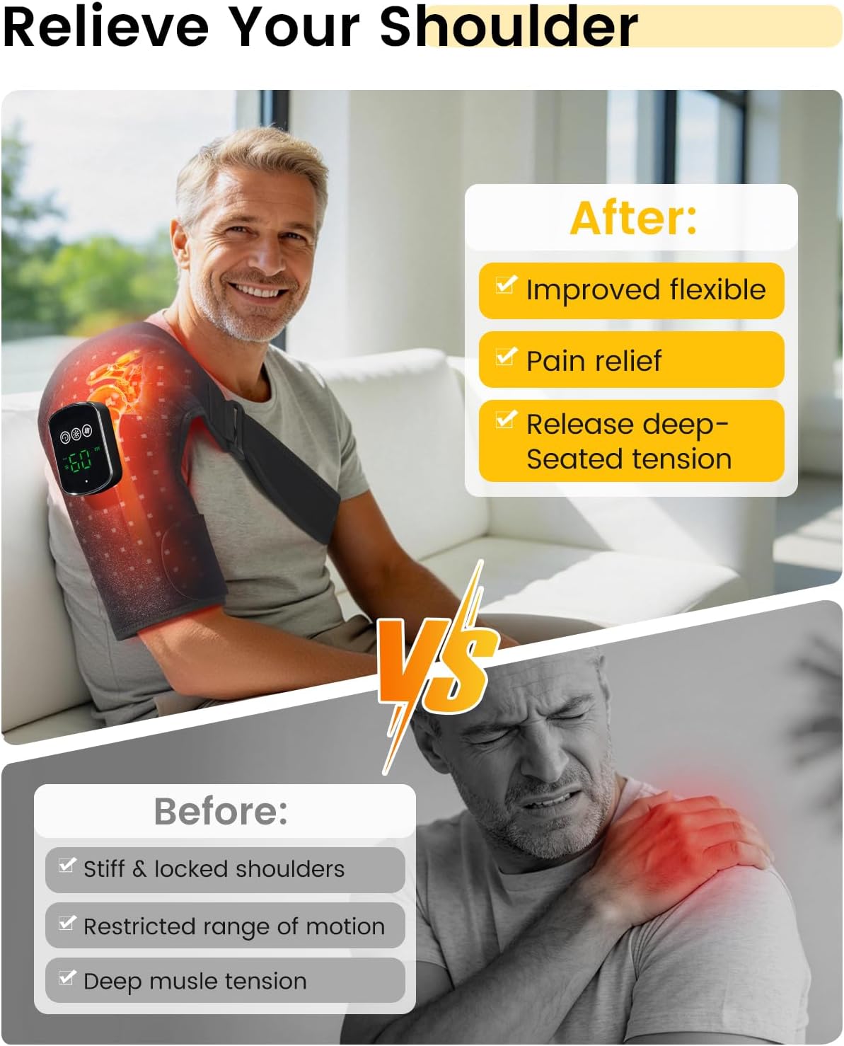 Red Light Therapy for Shoulder with Vibration Massage, 660nm 850nm Near Infrared Light Therapy Shoulder Wrap, 5000mAh Cordless Heated Should