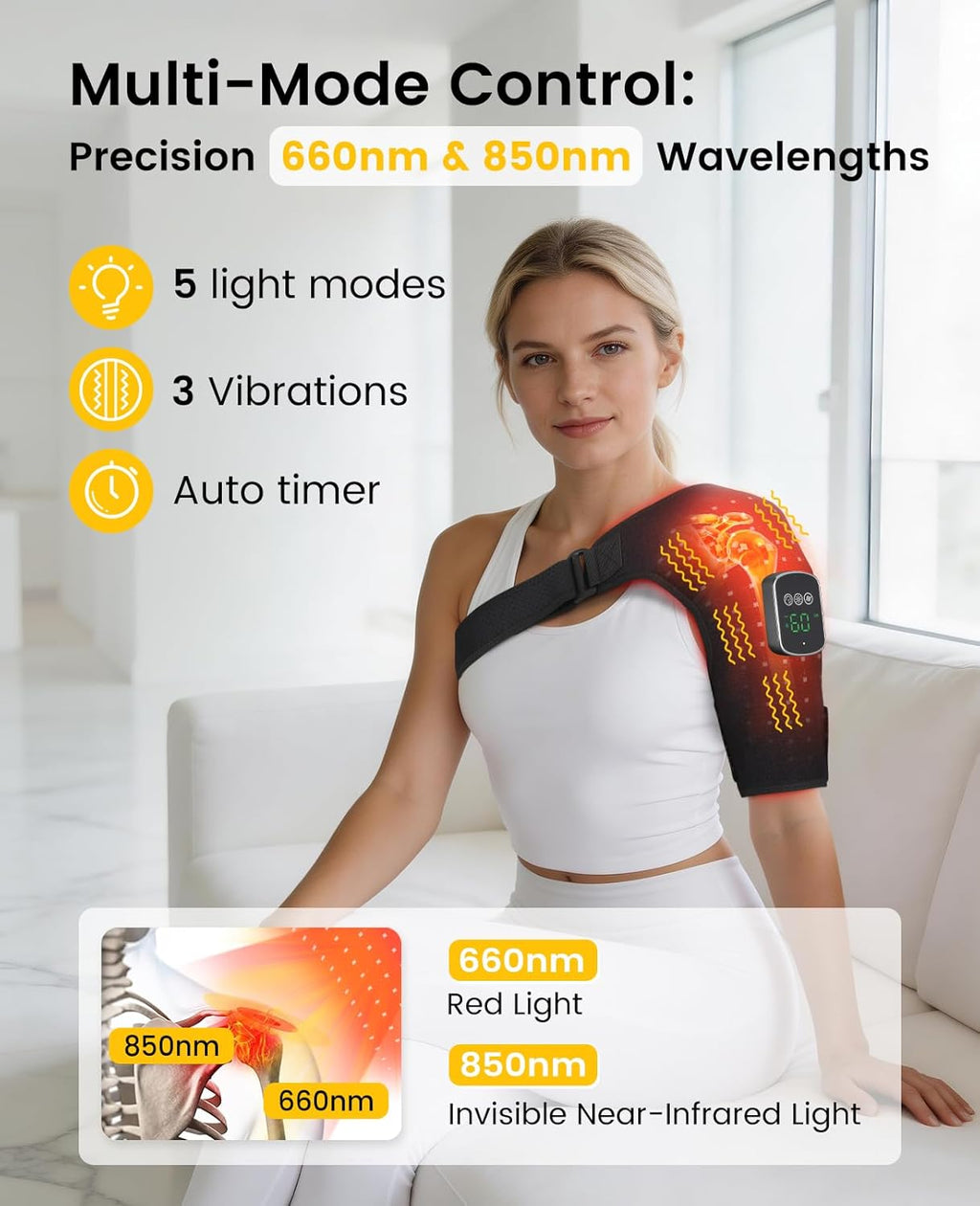 Red Light Therapy for Shoulder with Vibration Massage, 660nm 850nm Near Infrared Light Therapy Shoulder Wrap, 5000mAh Cordless Heated Should