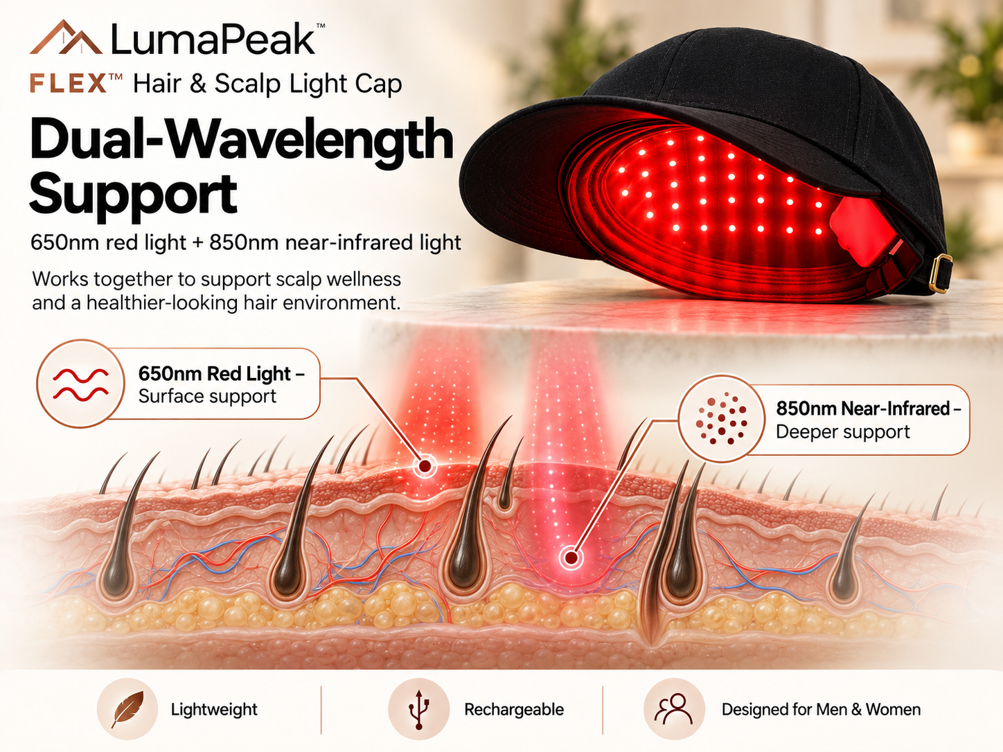 LumaPeak FLEX™ Hair & Scalp Light Cap — 650nm + 850nm Secondary image