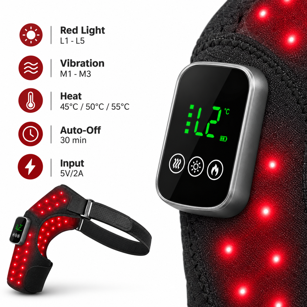 LumaPeak FLEX shoulder wrap digital controller with red light, vibration, heat and timer settings
