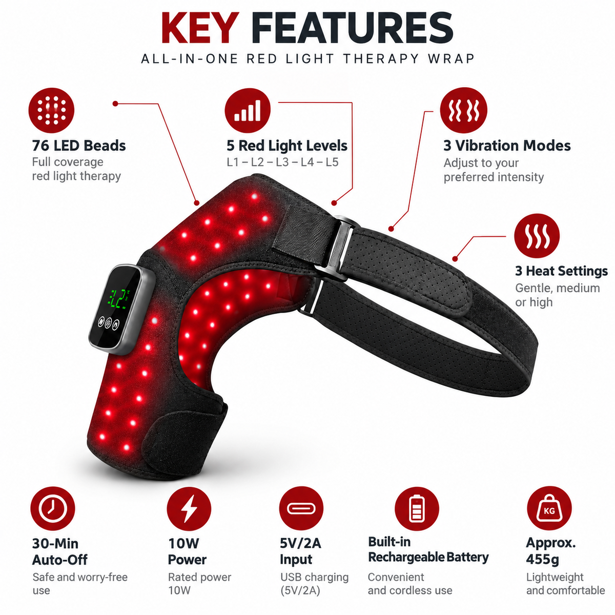 LumaPeak FLEX shoulder wrap key features including red light, heat, vibration and auto-off