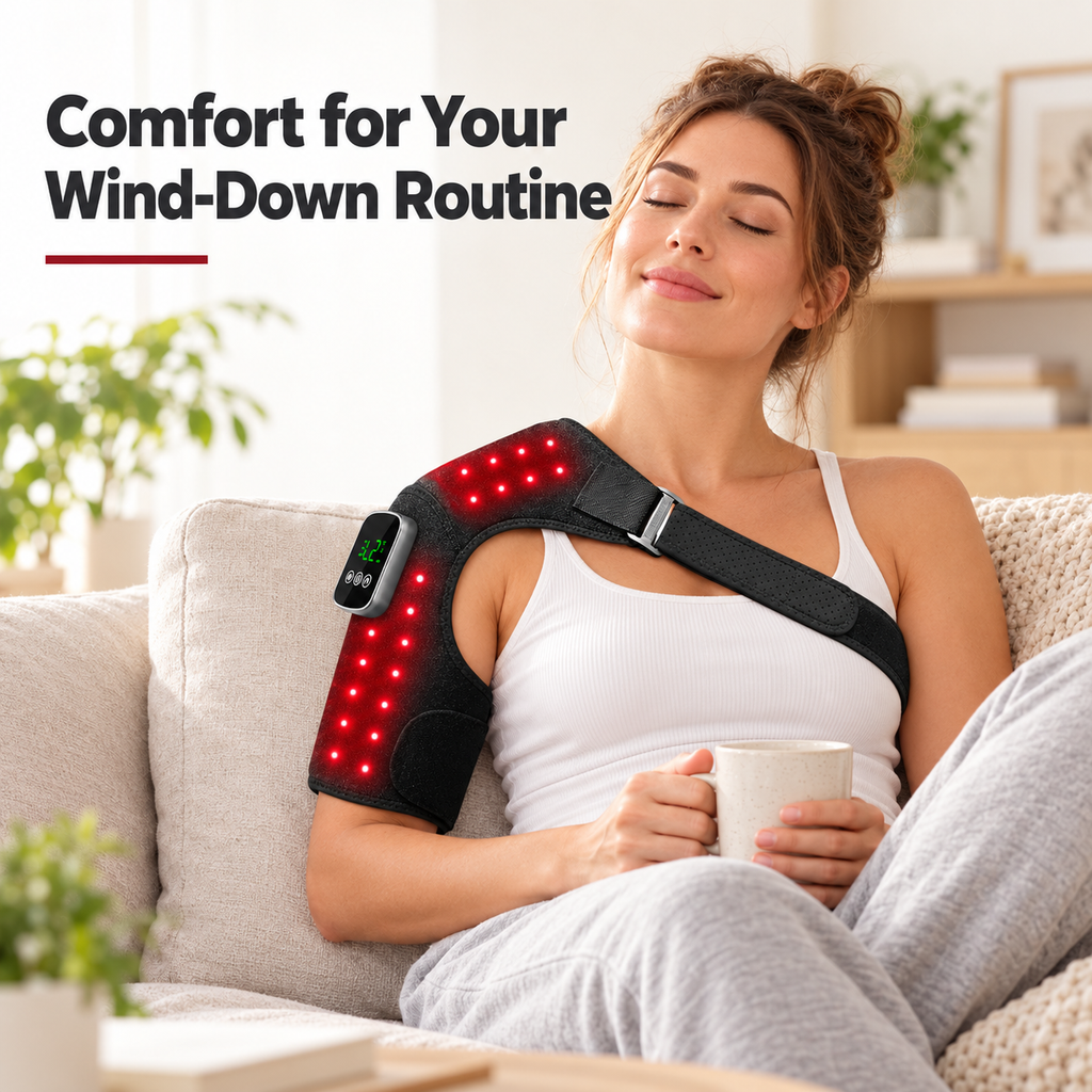 Woman relaxing at home while wearing the LumaPeak FLEX rechargeable shoulder wrap