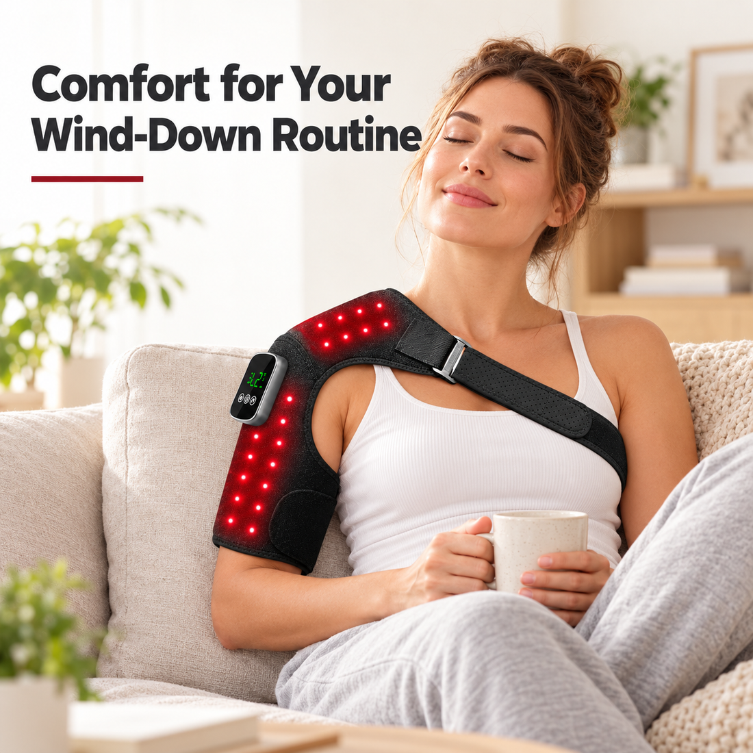 Woman relaxing at home while wearing the LumaPeak FLEX rechargeable shoulder wrap