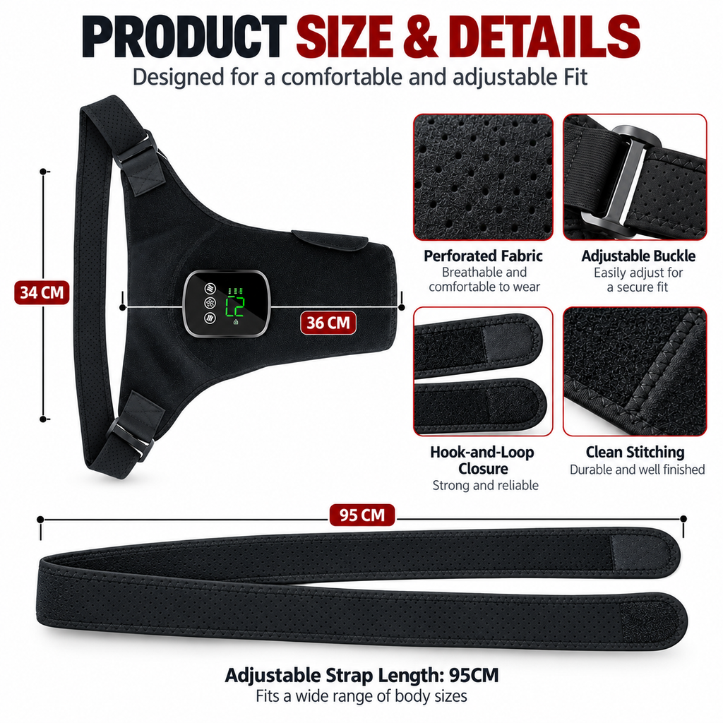 LumaPeak FLEX shoulder wrap size, adjustable strap, buckle, fabric and stitching details